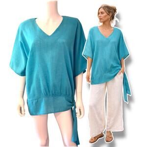Teddi Aqua Blue Side Tie Blouse Linen Size 2X Tunic Side Tie Lounge Resort Vtg